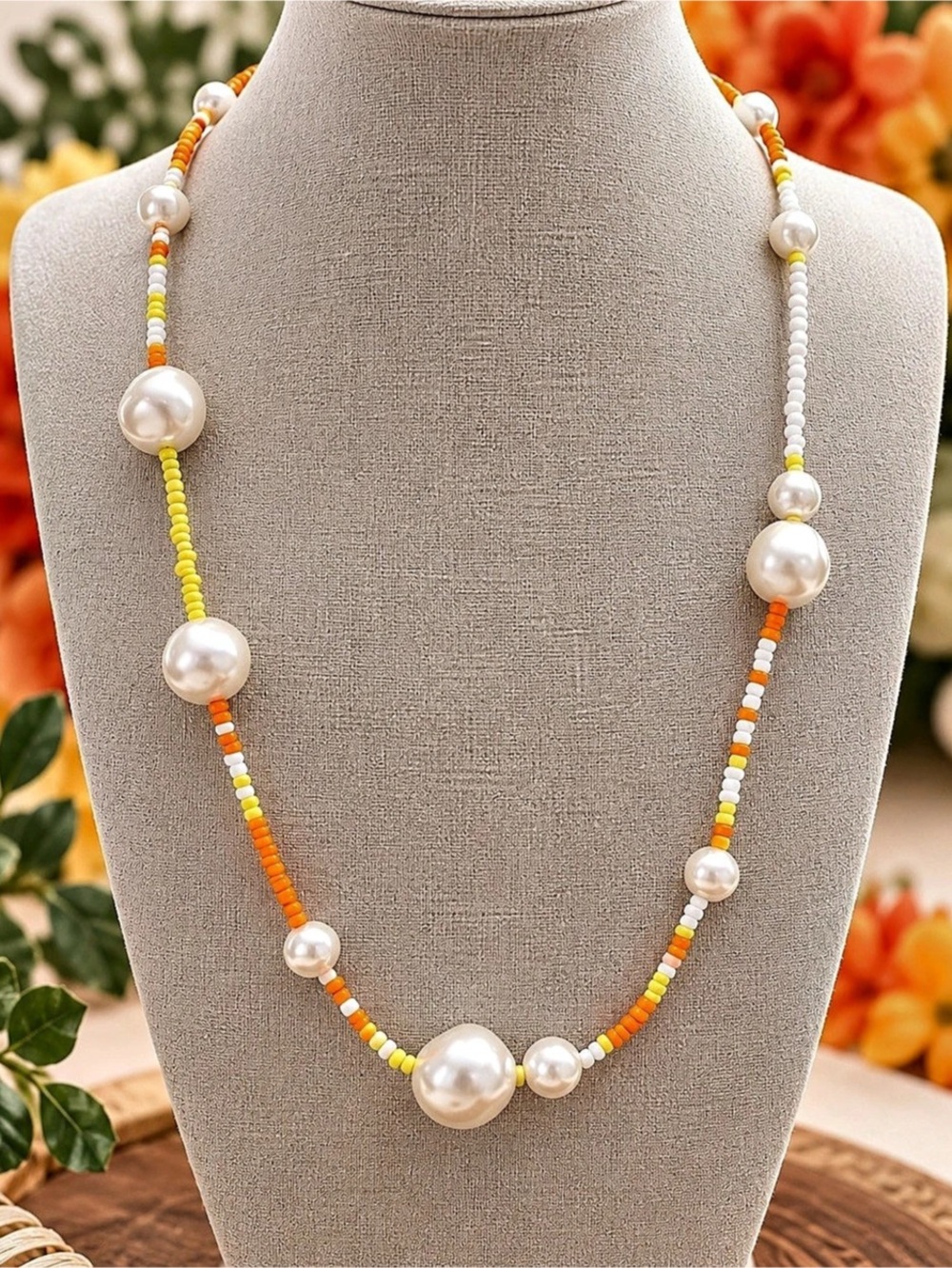 Beaded Pearl Statement Necklace in White & Orange Like New